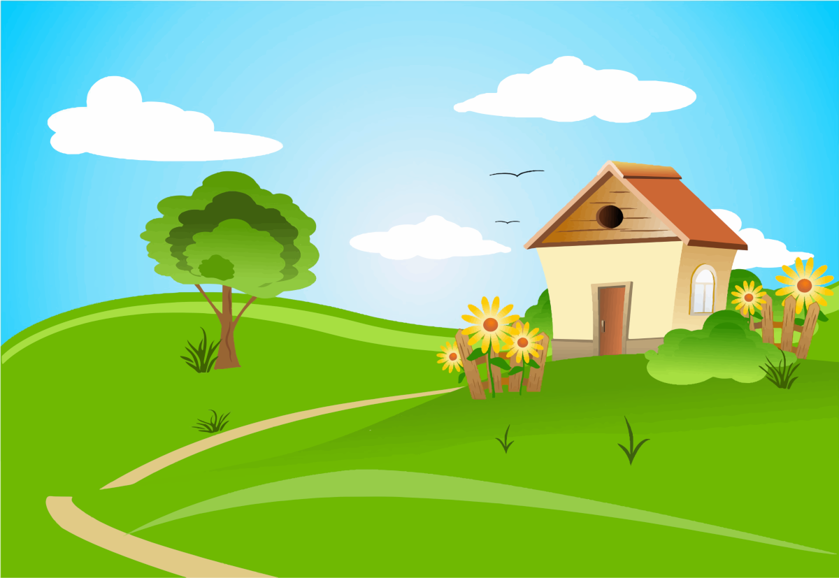 Bunte Zeichnung von einem Haus auf einem grünen Hügel mit Holzzaun und gelben Blumen