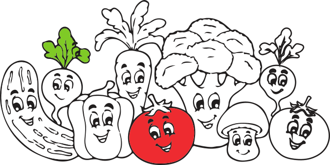 Ausmalbild mit Gurke, Radieschen, Paprika, Karotte, Paradeiser, Brokkoli, Pilz und Tomate