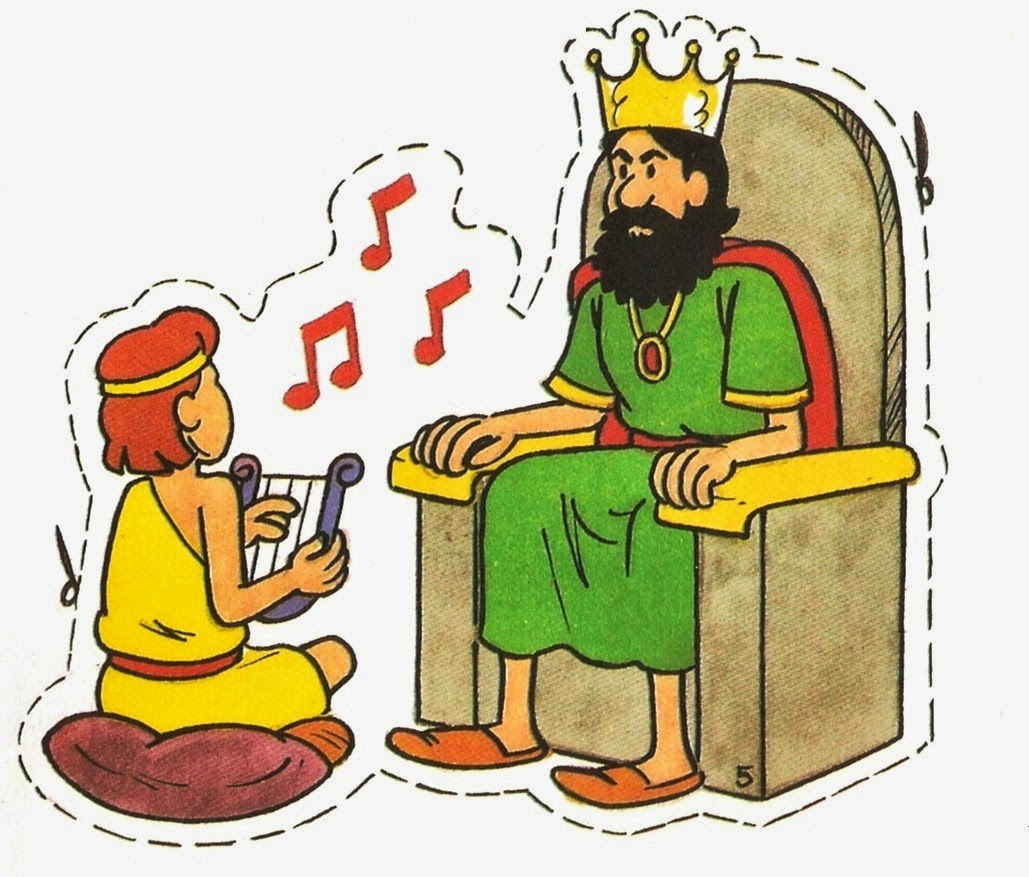 Kind im Schneidersitz auf Polster zupft eine Leier für einen König mit Vollbart, der auf einem schlichten Thron sitzt 