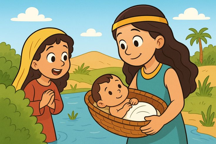 Bunte Clipart-Zeichnung: Zwei junge Frauen stehen vor einem Fluss, eine hält ein Baby in einem Korb.